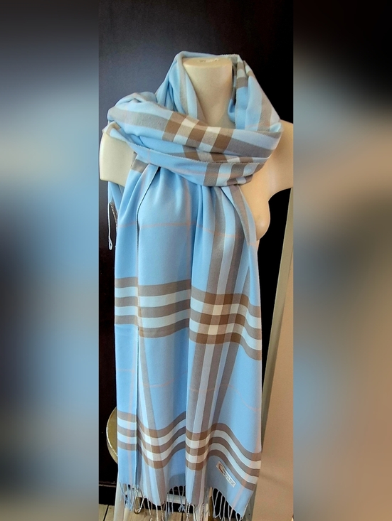 Accessories - Light Blue Plaid Women's Scarf  Cashemere Blend - Classic Soft Wrap
